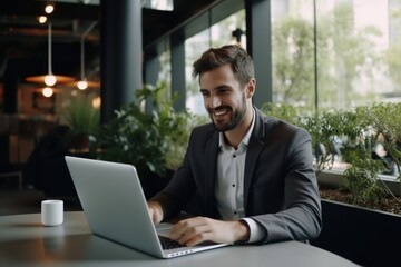 Businessman working on laptop in modern office