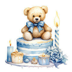 Watercolor cake with teddy bear and blue decorations