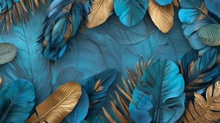 Blue, turquoise leaves, feathers with gold accents on a light 3D wallpaper, enhanced by oak and nut wood wicker panels, Photography, detailed texture,