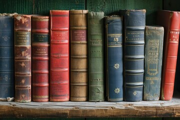 Classic hardcover books stacked on a wooden shelf