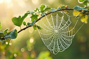 Dew-covered spider web in early morning light