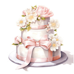 Fototapeta na wymiar Watercolor pink cake with flowers