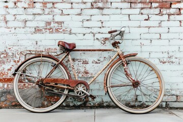 Rusty vintage bicycle leaning against an old brick wall