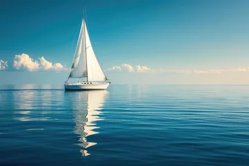Poster White sailboat gliding on a calm blue sea Serenity © Bijac