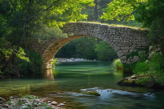 Ancient stone bridge over a serene river
