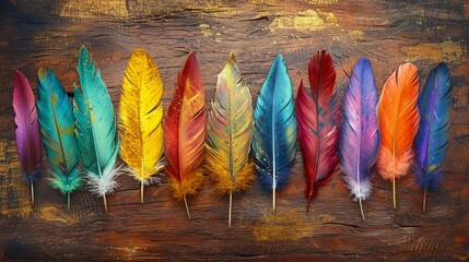 Colorful feather array on brown wood, highlighted by chamfered gold metal, vibrant and rich, Photography, high-resolution texture,