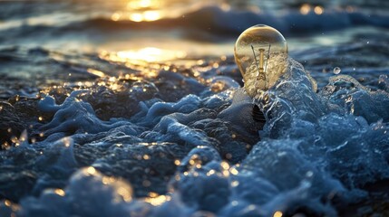  a light bulb sitting in the middle of a body of water with a sun setting in the distance behind it.