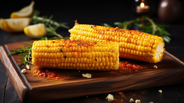 Savory and irresistible grilled corn on the cob   expertly prepared, mouth watering delight