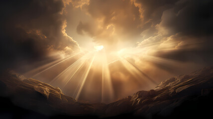 Sunlight rays bursting through storm clouds, a symbol of hope and renewal - obrazy, fototapety, plakaty