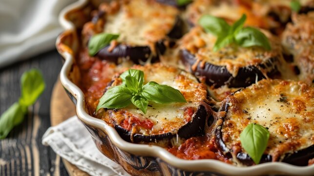  a dish of eggplant and cheese casserole on a wooden platter with a green leafy garnish.