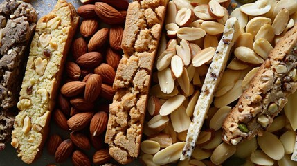  a bunch of different types of breads and nuts on top of a metal tray with almonds and almonds on top of them. - obrazy, fototapety, plakaty