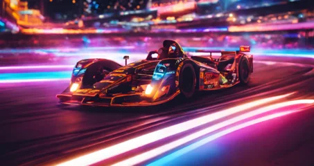 Fototapete Photo a digital painting of a delorean car with the words back to the future on the back, A modern rb10 formula 1 car racing in the night with city lights in the background, Racing automobile sports. © Abdul Rehman