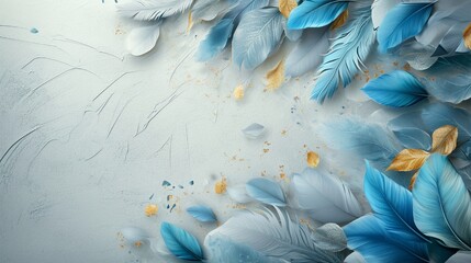 Elegant 3D wallpaper with blue, turquoise, gray leaves, feathers, and gold, on a light drawing background, Artwork, digital artistic style,