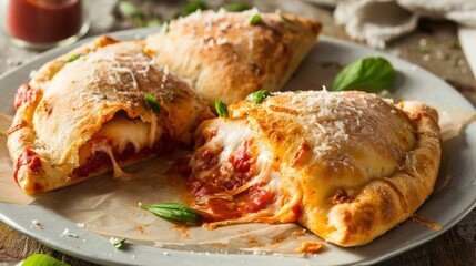  a close up of a plate of food with a piece of pizza in the middle of it with a bite taken out of it.