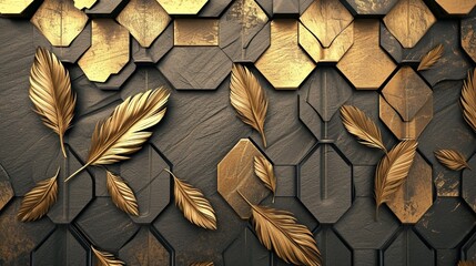 Feather and wood design with chamfered scratched gold hexagons, luxurious and natural, Illustration, seamless metal texture,