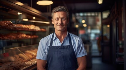 Fototapeta premium American middle age male standing in front of bakery 