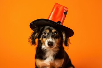 dog in Halloween hat in orange background