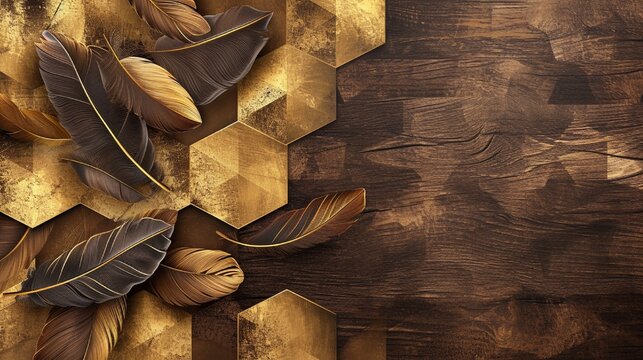 Feather and wood design with chamfered scratched gold hexagons, luxurious and natural, Illustration, seamless metal texture,
