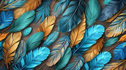 Feather design in blue, turquoise, gold on light 3D wallpaper, oak and nut wood wicker accents, Illustration, high-quality seamless texture,