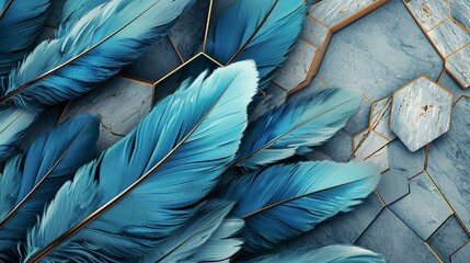 Feather design in blue, turquoise on light 3D wallpaper, accented with grey marble, wood hexagon tiles, white gold decor, black seams, Illustration, high-detail texture,