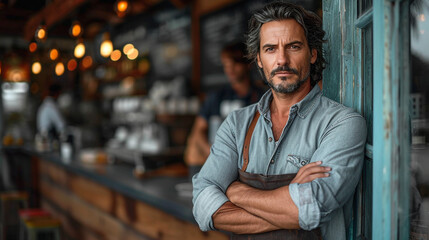 Portrait of a Caucasian cafe owner standing in front of the cafe