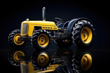 A yellow and blue tractor isolated on a black background - obrazy, fototapety, plakaty
