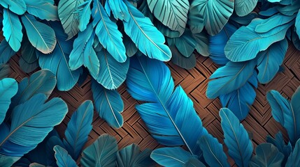 Lively 3D wallpaper, featuring blue, turquoise leaves, feathers, light drawing elements, and oak, nut wood wicker patterns, Illustration, colorful and textured,