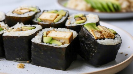  a close up of a plate of sushi with avocado on top of it and another plate of rice on the side.