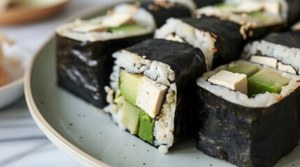  a plate of sushi with cucumber and avocado on the top of the sushi is ready to be eaten.