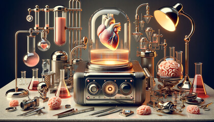 Retro-futuristic 3D bioprinter creating human heart in vintage lab setting.