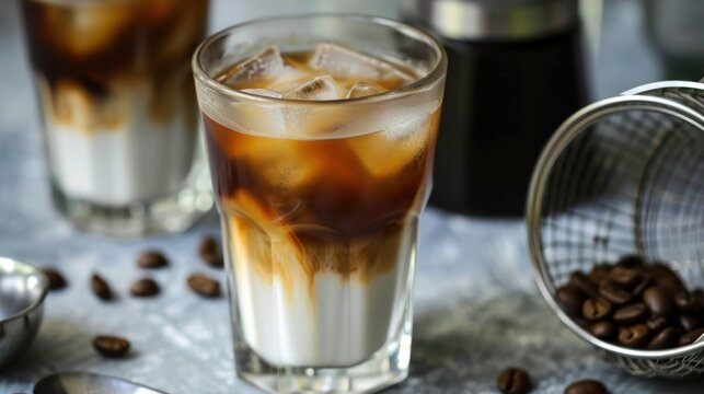  a glass of iced coffee sitting on top of a table next to a cup of coffee beans and a strainer.