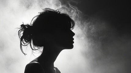  a black and white photo of a woman's face with smoke coming out of the back of her head.
