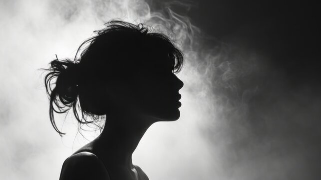  A Black And White Photo Of A Woman's Face With Smoke Coming Out Of The Back Of Her Head.