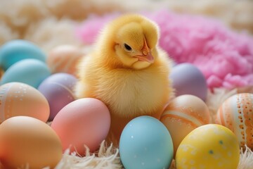 Spring chickens are hatching eggs in the nest,outside world is in a beautiful spring. Happy Easter