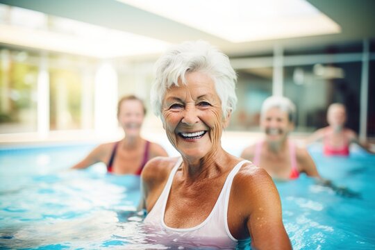 Smiling elderly women doing water aerobics in a swimming pool