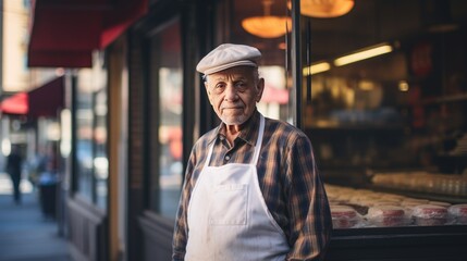 American senior male standing in front of bakery