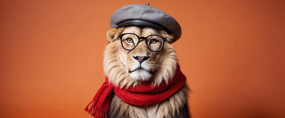 Male lion wearing glasses, scarf and beret on an orange background. Generative AI. - obrazy, fototapety, plakaty