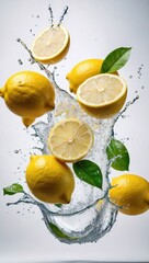Citrus Splash: Juicy Lemons in Flight with Water Splashes on Light Background. Generative IA
