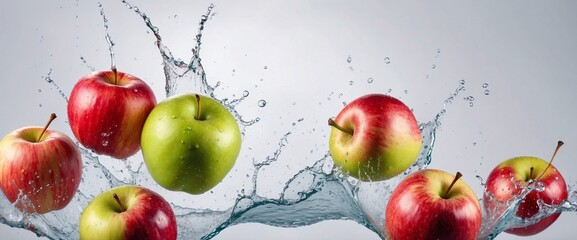 Apples in water splashes on a white background. Generative AI