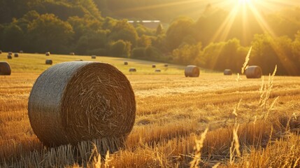  a field full of hay bales with the sun shining through the trees on the far side of the field.