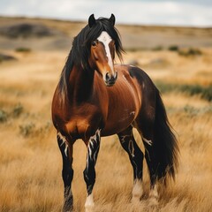A beautiful brown horse with a long black mane and tail stands in a field of tall yellow grass - obrazy, fototapety, plakaty