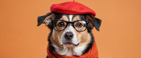 Dog wearing clear glasses, scarf and beret, on an orange background. Generative AI