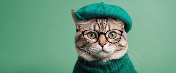 Gray cat watching green scarf and hat knitted in wool with glasses. Generative AI