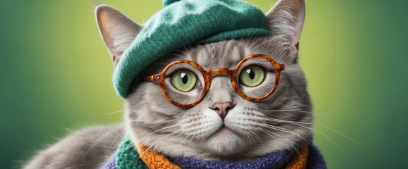 Gray cat watching green scarf and hat knitted in wool with glasses. Generative AI