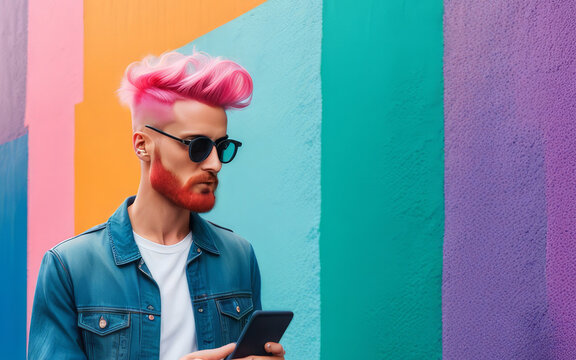 Hipster guy with pink hair uses a smartphone against a multicolored street wall. Summer concept. The style of Generation Z.