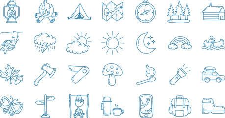 Hand drawn camping and outdoor doodle line icon collection. Camping and outdoor doodle elements vector illustration. - obrazy, fototapety, plakaty