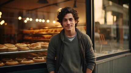 Fototapeta premium American young male standing in front of bakery