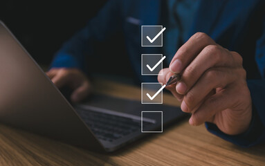 Checklist concept, business person checklist tick answer sign in checkbox, validation online...