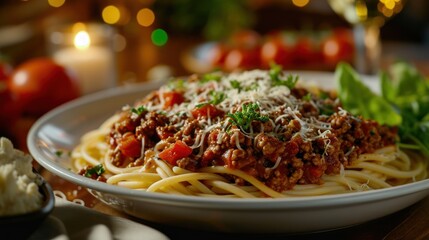  a close up of a plate of spaghetti with meat sauce and parmesan cheese on the top of it. - obrazy, fototapety, plakaty