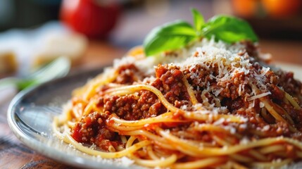  a close up of a plate of spaghetti with sauce and parmesan cheese on the top of the plate. - obrazy, fototapety, plakaty